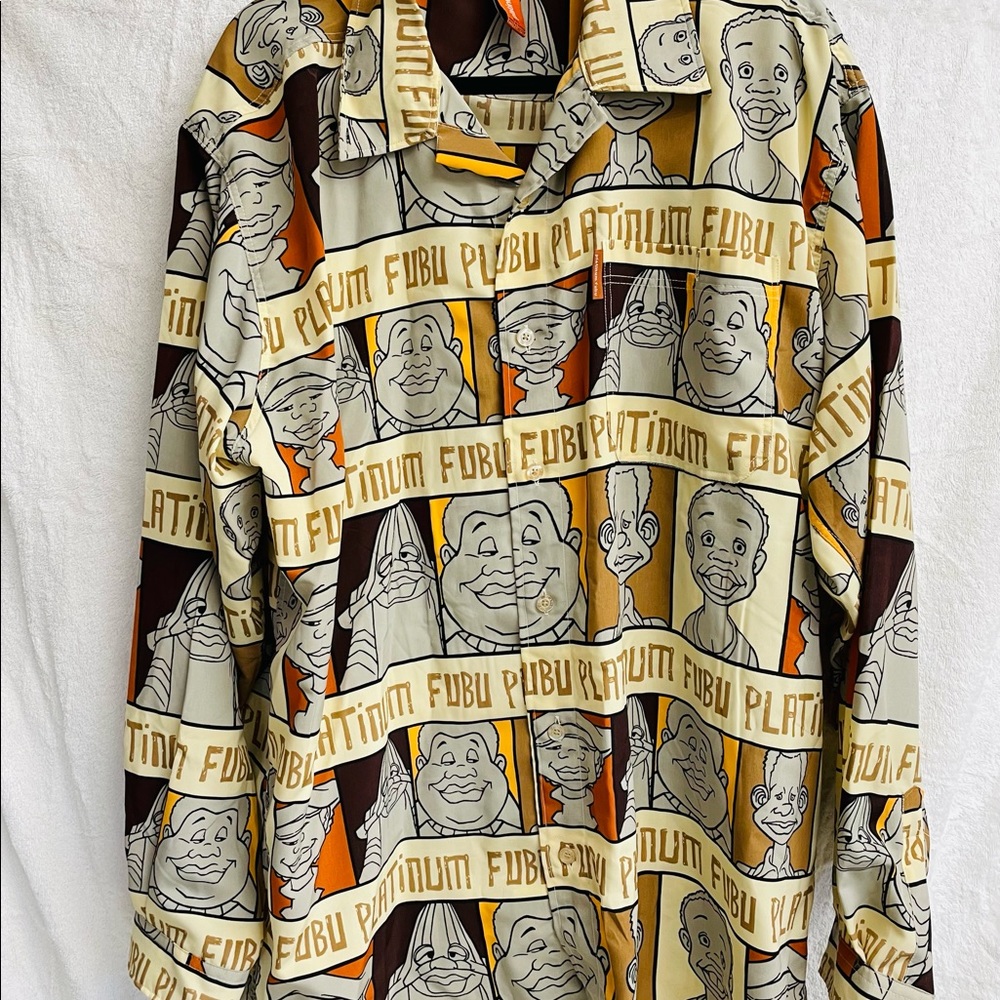 Platinum Fubu Mens 2XL Fat Albert Junkyard Gang Brown Button-Up Shirt